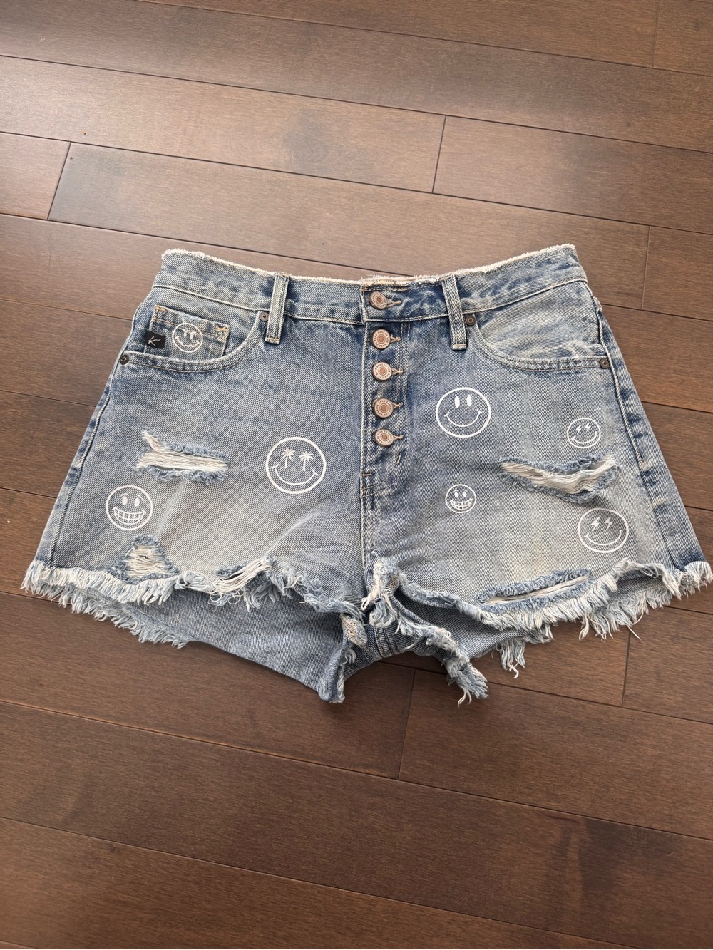 KanCan Light Blue Distressed Denim Shorts with White Smiley Prints